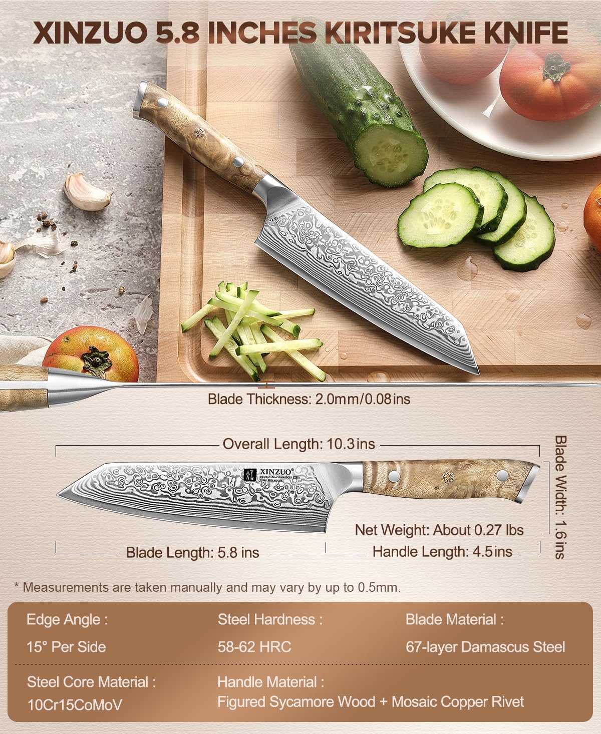 XINZUO Kiritsuke Chef Knife 5.8",Sharp Forged Damascus Stainless Steel Sharp Small Kitchen Knife,For Home & Restaurant,Full Tang Figured Sycamore Wood And Mosaic Copper Rivet Handle