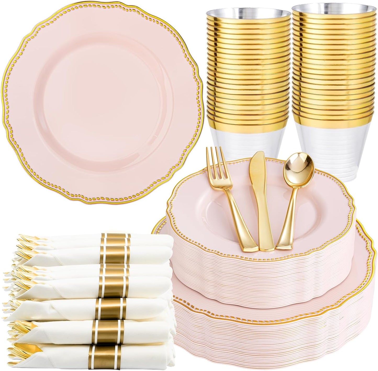 Hioasis 175pcs Pink and Gold Plastic Plates - Pink Plastic Dinnerware Set Includes 25 Dinner Plates, 25 Dessert Dinnerware, 25 Cups, 25 Napkins Perfect for Wedding & Party