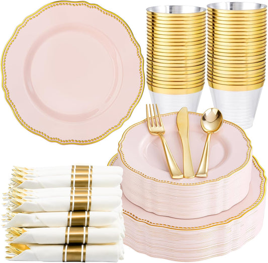 Hioasis 175pcs Pink and Gold Plastic Plates - Pink Plastic Dinnerware Set Includes 25 Dinner Plates, 25 Dessert Dinnerware, 25 Cups, 25 Napkins Perfect for Wedding & Party
