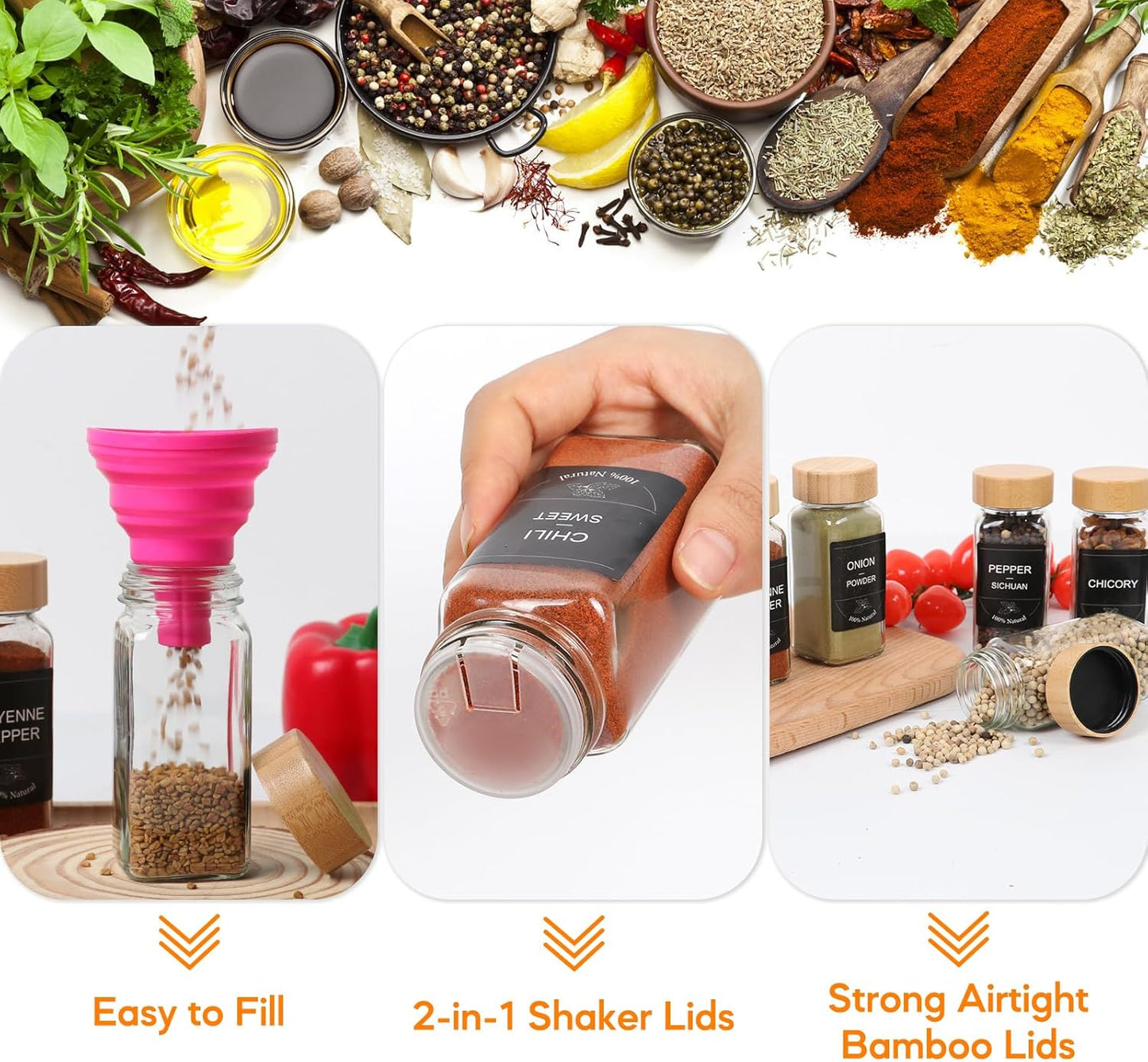 SZUAH 4oz Glass Spice Jars with Labels 36 Pack,Empty Seasoning Jars, Glass Jar with Bamboo Lids for Cabinet, Drawer, Rack, Seasoning Organizer & Pantry Organization (120ml, Set of 36)