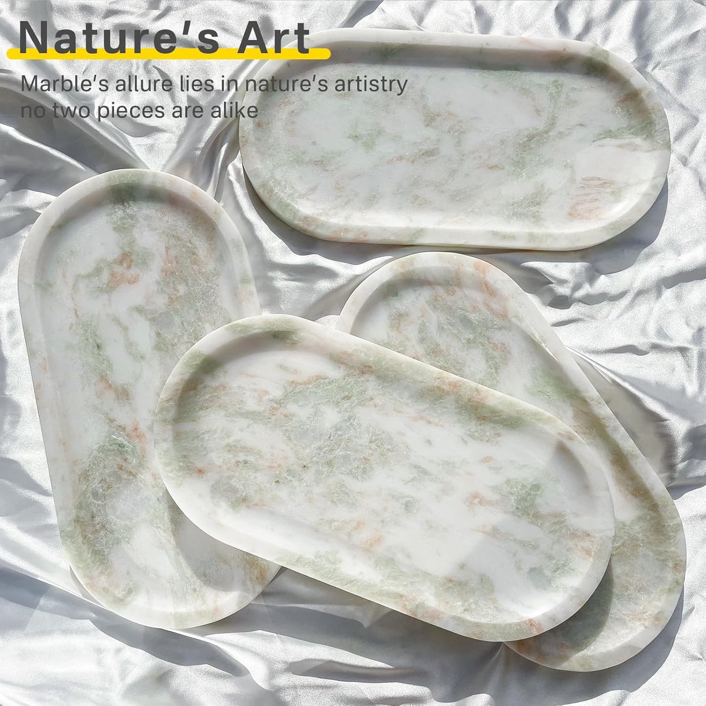 Natural Marble Tray, Stone Vanity Tray for Bathroom & Kitchen Countertop - Organizer for Perfume, Jewelry, Cosmetics 12x6 Inch,Pinkish Green