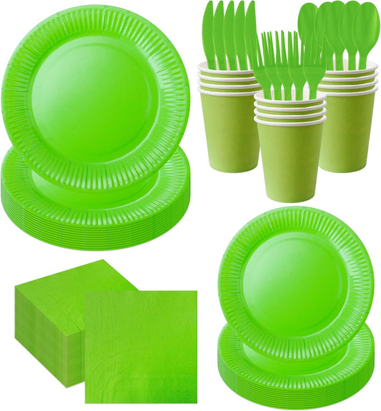 210pcs Grass Green Paper Plates Disposable Tableware Party Supplies- Includes 9" Dinner Plates, 7" Dessert Plates, 9oz Paper Cups, Napkins, Plastic Forks, Knives And Spoons For All Holiday Parties