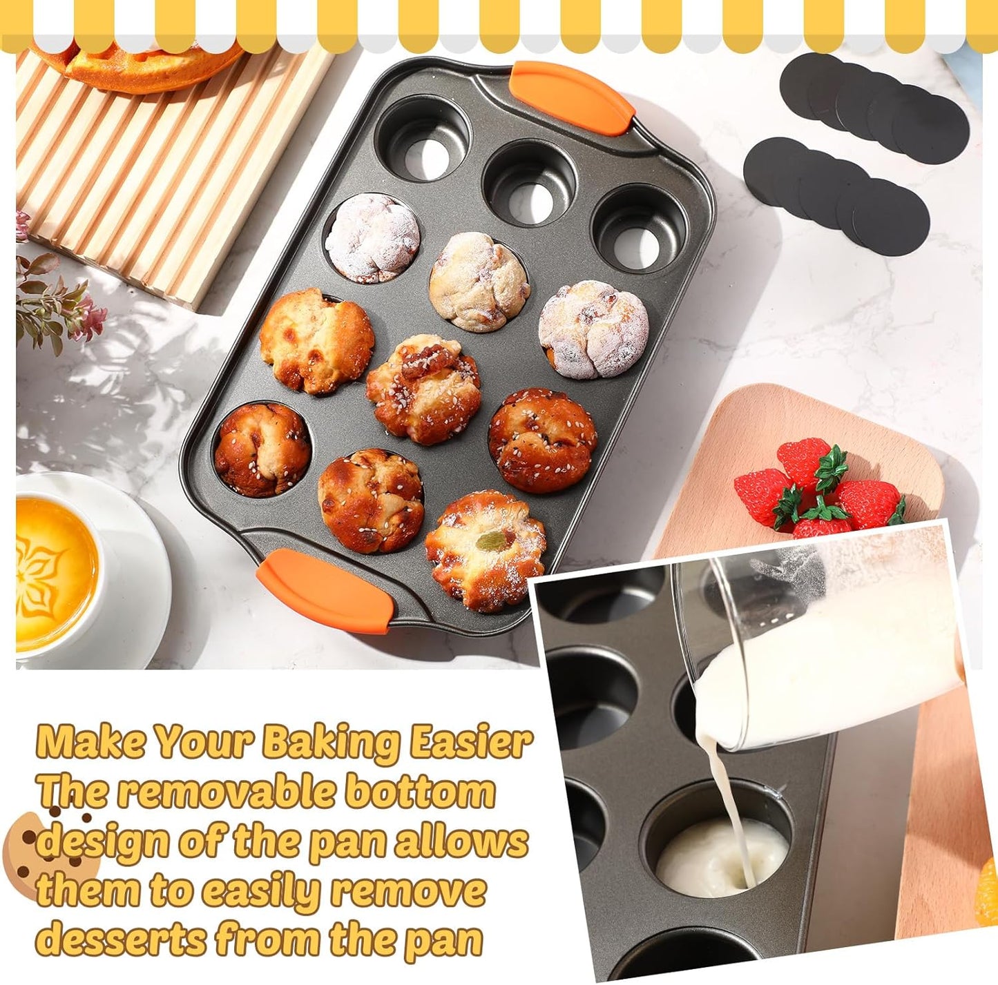 Uiifan 3 Pack Mini Cheesecake Pans Removable Bottom 12 Cavity Mini Cupcake Pan with Silicone Handle Nonslip Anti Heat Nonstick Carbon Steel Muffin Mold 13 x 8 Baking Molds(Orange)