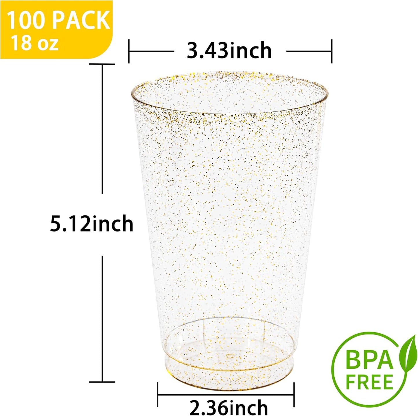 I00000 100 Pack 18 oz Gold Plastic Cups, Gold Glitter Cups Disposable Plastic Wine Glasses Cocktail Glasses Premium Cup, 18 Ounce Glitter Disposable Tumblers for Party & Wedding