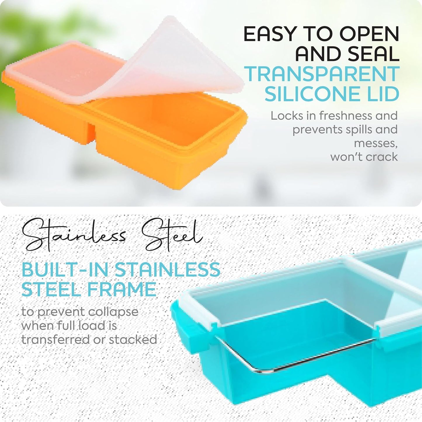 Silicone Freezer Tray With Lid-Soup Freezer Container molds-2-cup Extra Large Ice Cube Tray-makes 4 perfect 500ml portions cubes, For freezing soup,stews,sauces.Oven&Dishwasher-Safe(2-Pack)