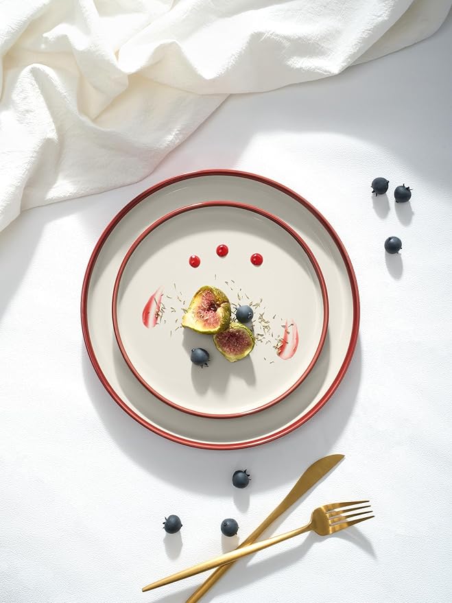 Famiware Lake MacDonnell Plates and Bowls Set for 4, 12 Pieces Dinnerware Sets, Handcrafted, Stoneware Dishes Set, Red and Beige