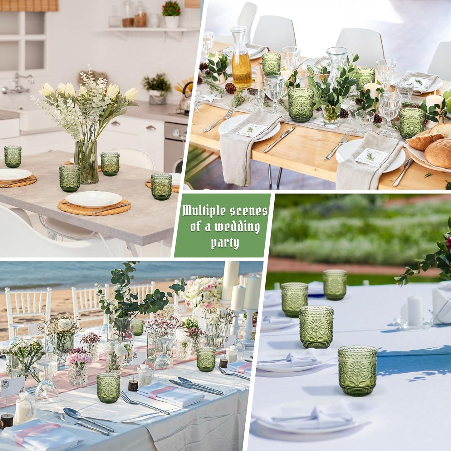 Glass Cups, Vintage Glassware Drinking Glass Set of 4, 12oz Colored Glassware with Sunflower Design, Embossed Floral Decorative Glasses Drinking Set for Beverage, Vintage Drinking Glasses (Green)