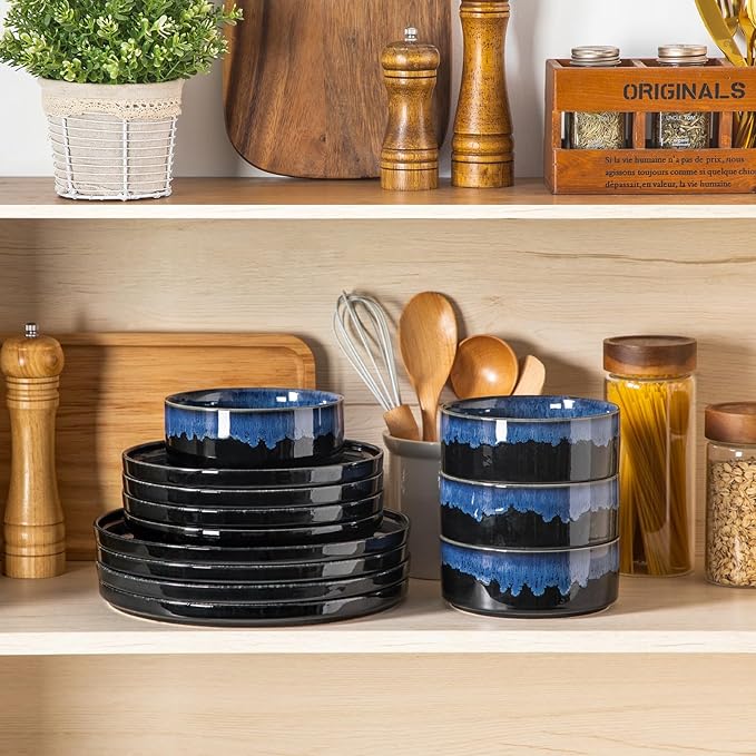 vancasso Starry Plates and Bowls Sets,12 Pieces Blue Dinnerware Sets for Kitchen,Modern Stoneware Dishes Set for 4,Dishwasher and Microwave Safe