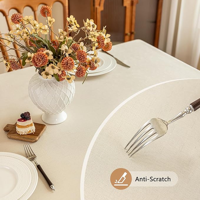 Fabric 52x52 Inch Square Table Cloth, Faux Linen Textured Water Resistant & Wipeable Card Tablecloth, Reusable for Dinning Kitchen Patio, Beige