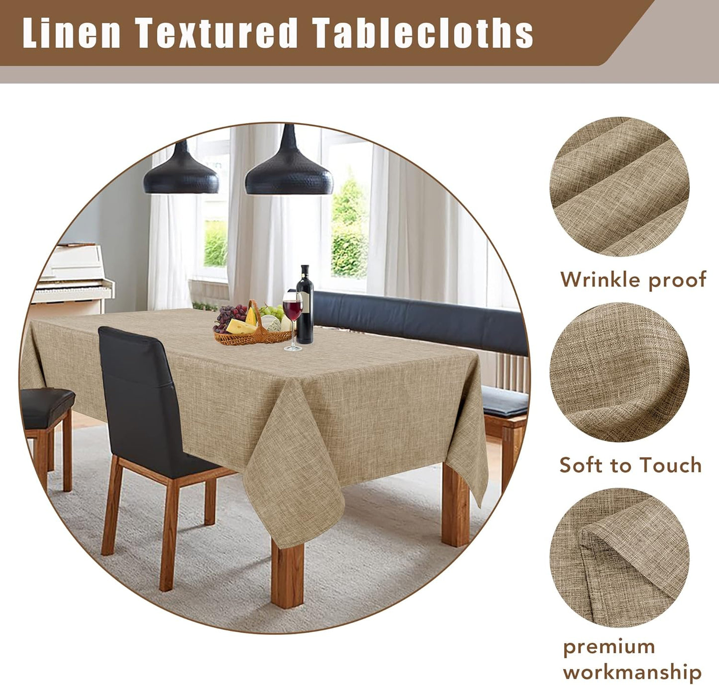 Fitable Faux Linen Rectangle Tablecloth 60 x 84 Inch - Fabric Neutral Table Cloth for 6 Foot Tables, Mocha Flax Look Kitchen Table Cover for Farmhouse, Dining, Party, Outdoor Picnic, Camping