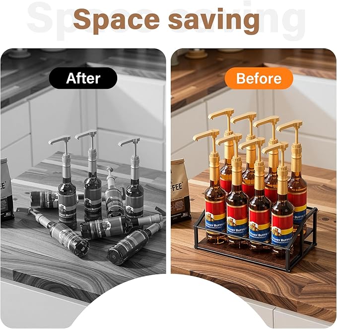 Coffee Syrup Organizer Rack, Liquor Bottle Display Shelf, 2 Tier 8 Syrup Bottles Holder Stand for Coffee Bar Kitchen Small Wine Rack for Family Storage for Syrup Wine Dressing