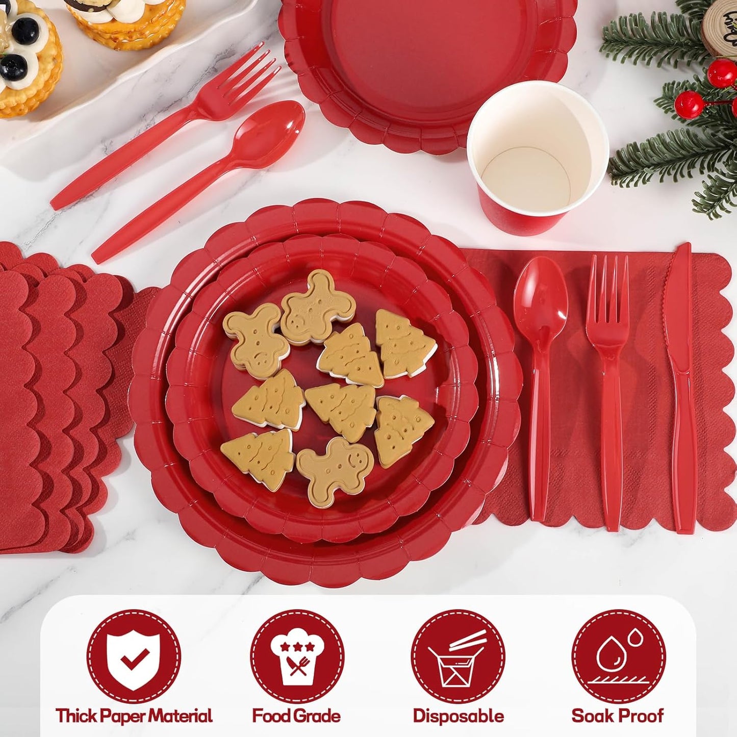 175 Pcs Red Plates and Napkins, 25 Guest Red Party Supplies Include Christmas Plates and Napkins Cups Plastic Spoons Forks Knives for Birthday, Christmas, Picnic