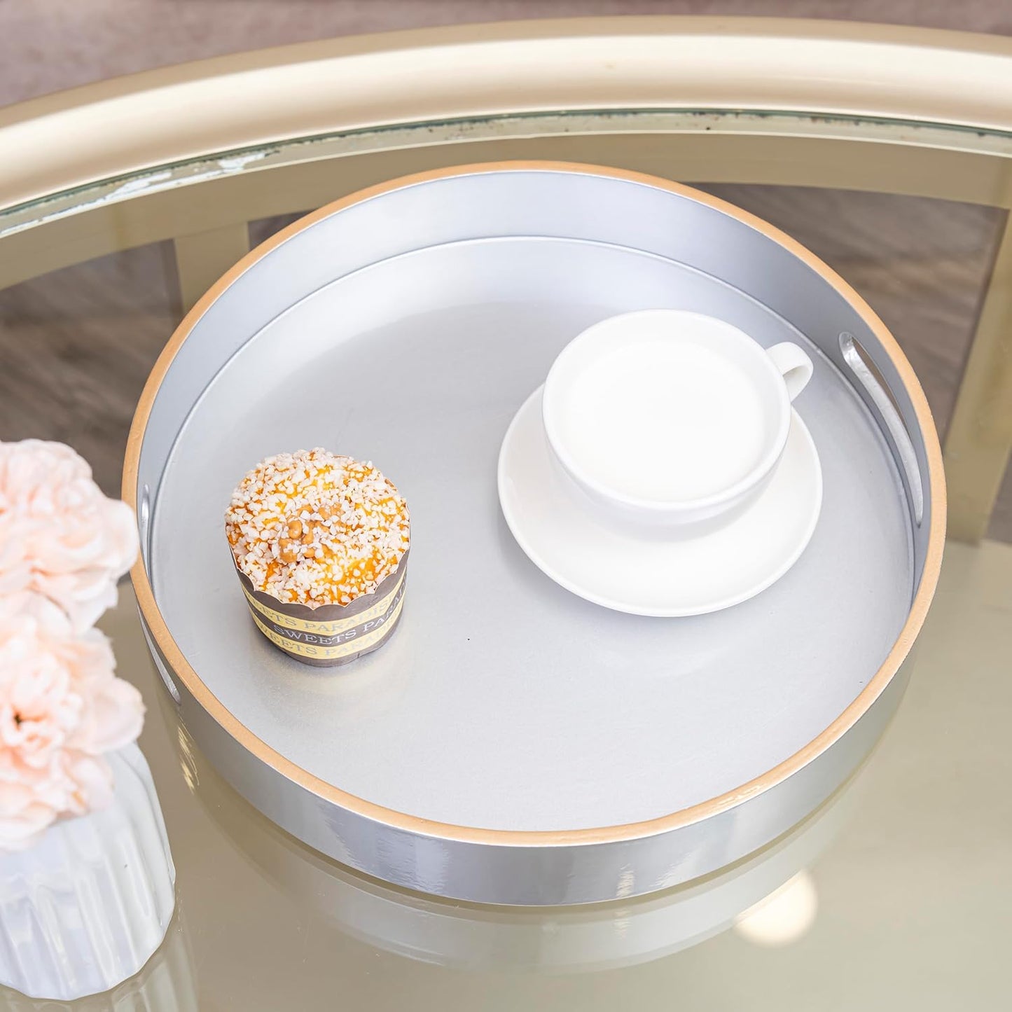 PEMAR 12.6" Round Lacquer Serving Tray with Insert Handle Decorative Basket Tray for Breakfast, Dinner, Coffee Table Decor (Silver)