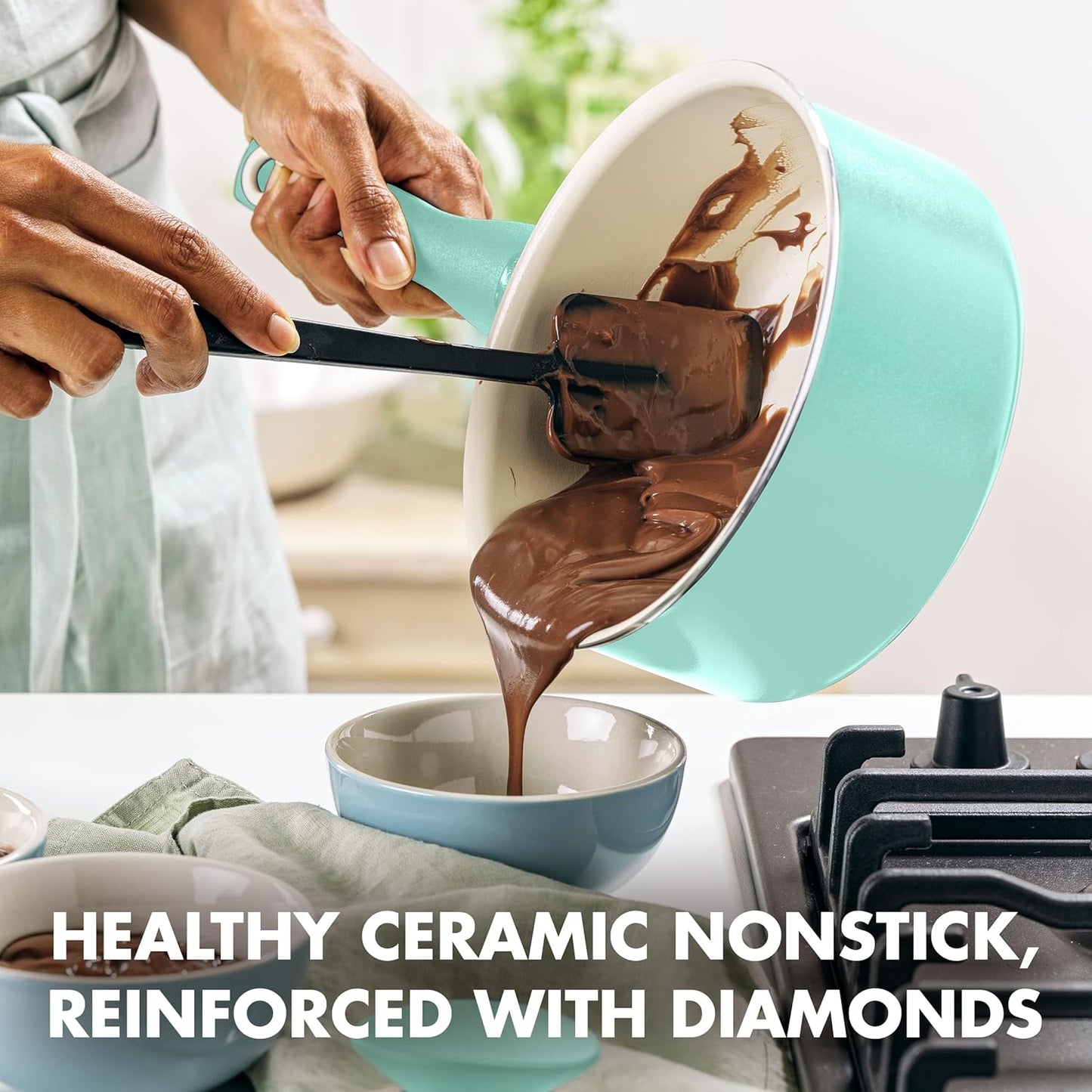 GreenPan Ceramic Nonstick Saucepan, 2QT | PFAS-Free | Dishwasher Safe | Turquoise | Pack of 2