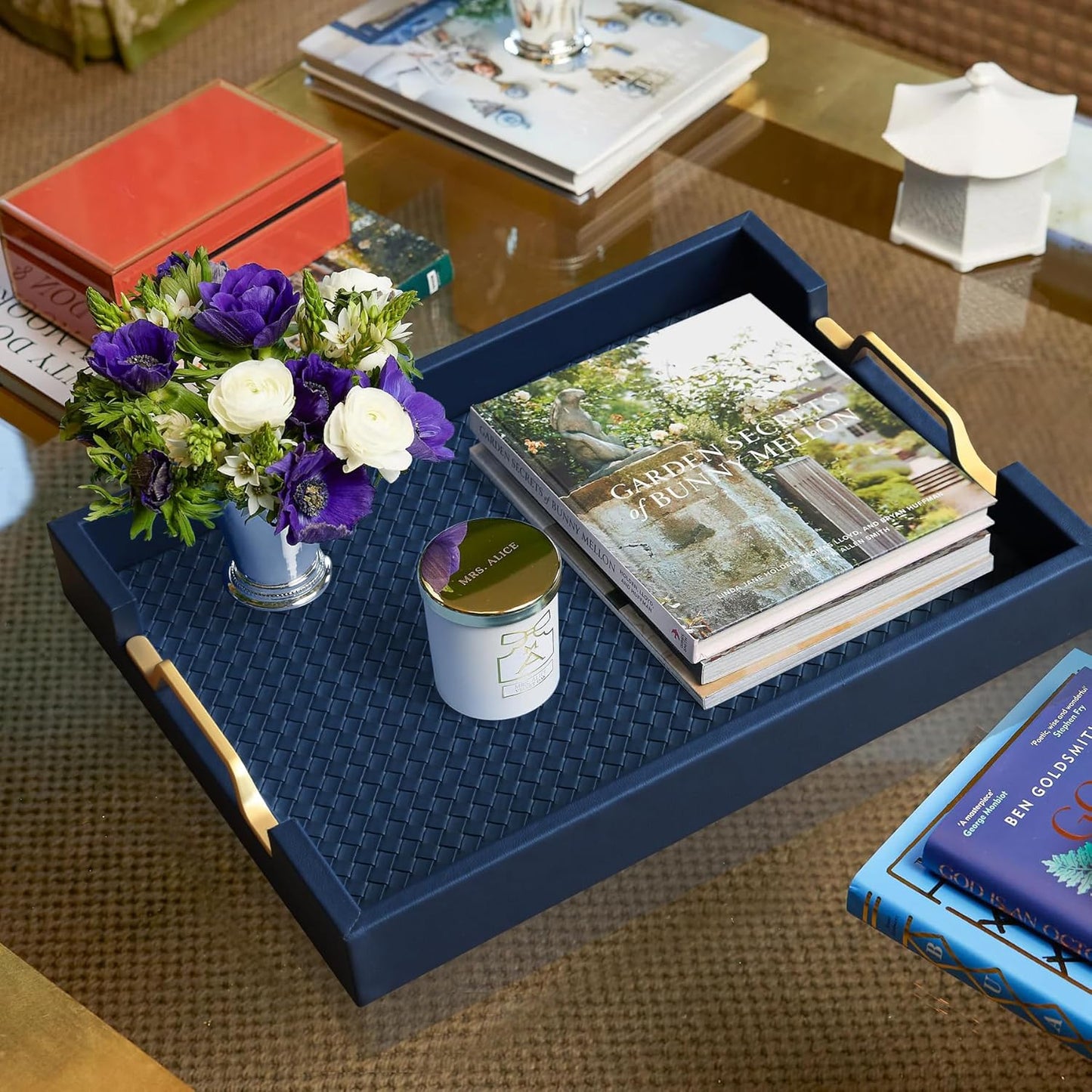 HofferRuffer Faux Leather Rectangle Serving Tray Decor Platter with Gold Metal Handles for Coffee Table, Breakfast, Tea, Food, Countertop, Kitchen, Butler Tray, 16.2 x 12.2 x 2 inches (Navy Blue)