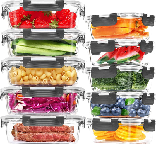 Skroam 10-Pack Glass Meal Prep Containers, Food Storage Containers with Snap Locking Lids, Airtight Bento Boxes for Microwave, Oven, Freezer and Dishwasher