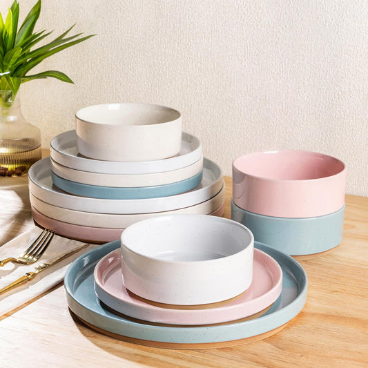 AmorArc Ceramic Dinnerware Set for 8 | Handpainted Stoneware Plates and Bowls with Rustic Terracotta Underside| Scratch Resistant,Dishwasher & Microwave Safe Dishes Sets- 24pcs Colorful