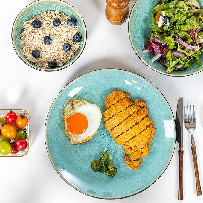 Plates and Bowls Sets for 4 - CJDC-QUELO 12-Piece Stoneware Dinnerware Sets, Ceramic Dishware Set for Kitchen Use and Formal Dining, Chip and Scratch Resistant Microwave Dishwasher Safe, Green