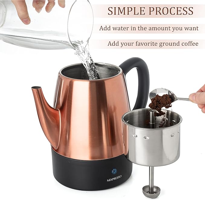 Mixpresso 4 Cup Percolator Coffee Pot Electric, Copper Stainless Steel Coffee Percolator Electric With Keep Warm Function, Classic Perculator Pot With Removable Basket for Home or Office