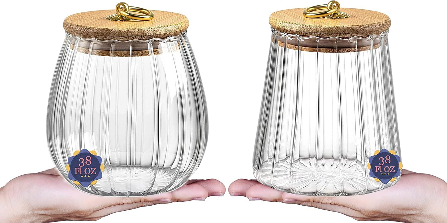 38 FL OZ Glass Jars with Bamboo Lids, Glass Containers with Airtight Lids for Storage, Large Candy Jars for Coffee Nuts Cookie, Decorative Glass Canister, 1130ml Oval & Conical