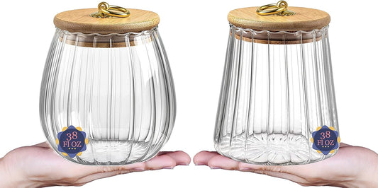 38 FL OZ Glass Jars with Bamboo Lids, Glass Containers with Airtight Lids for Storage, Large Candy Jars for Coffee Nuts Cookie, Decorative Glass Canister, 1130ml Oval & Conical