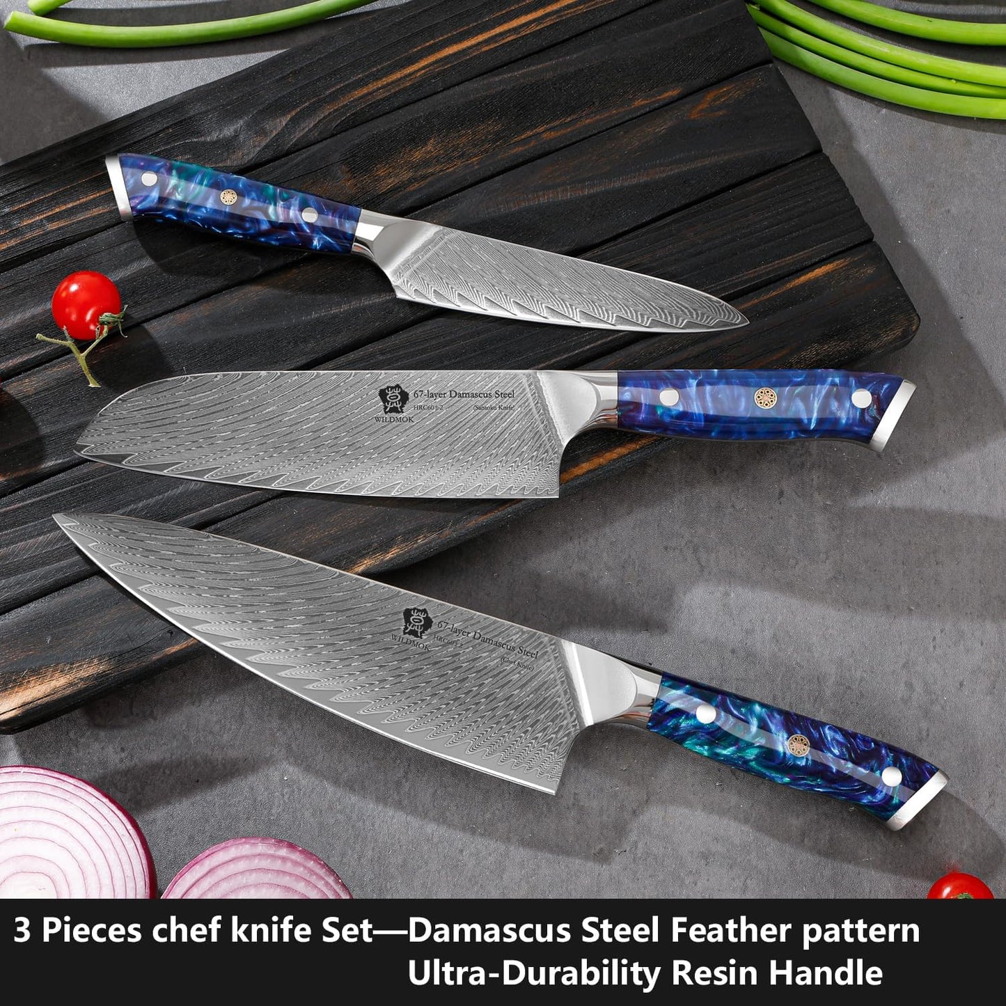 WILDMOK Kitchen Knife Set, 3 Piece Damascus Steel Professional Chef Knife Set with Ultra Sharp Blade & Resin Handle -Kitchen Knife Set 3 Pcs