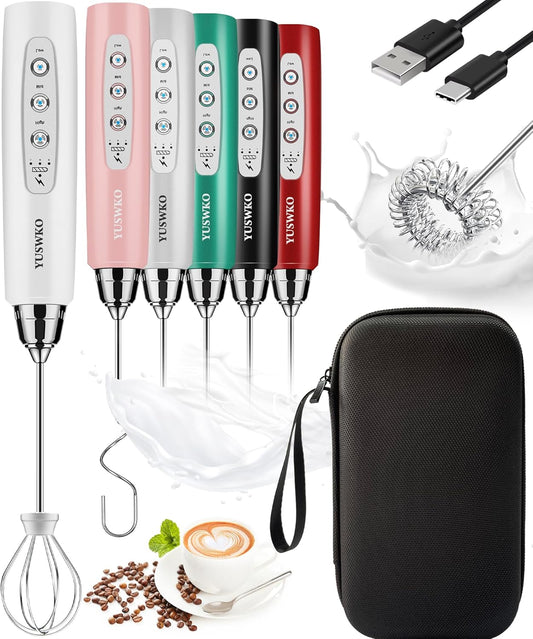 YUSWKO Rechargeable Milk Frother Handheld Frother Wand Drink Mixer for Coffee, Electric Whisk 3 Speed Adjustable, Coffee Foamer Maker with 3 Stainless Whisks Ideal Stirrers for Travel - White