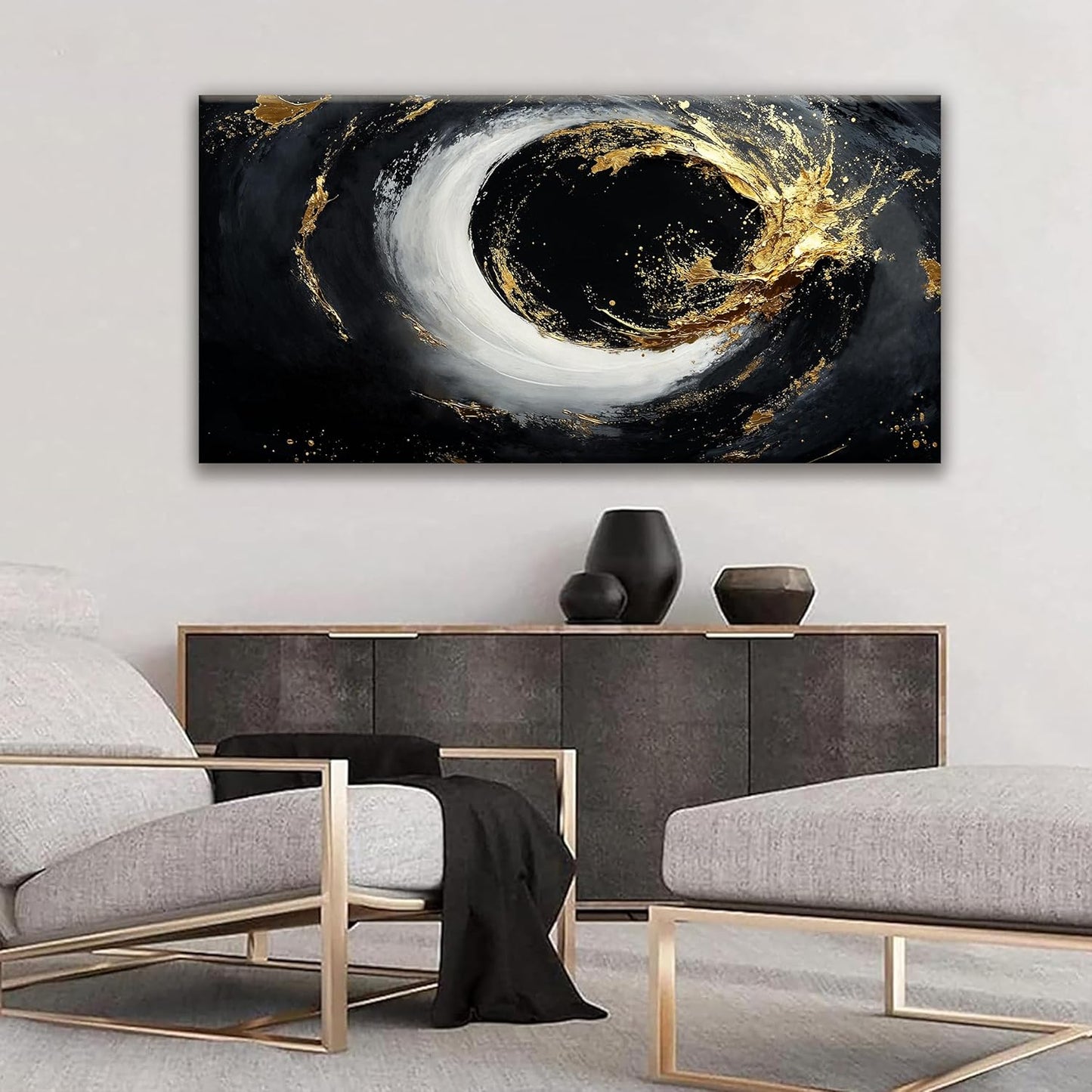 Tsomzxng Abstract Wall Art For Living Room Modern Canvas Art Wall Decor Print Painting Abstract Wall Decor Pictures Black And Gold Wall Art Picture For Bedroom Hotel Home Artwork 24 X 48 Inch