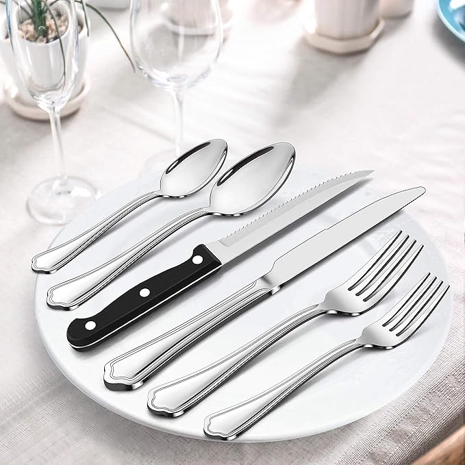 LIANYU 65-Piece Silverware Flatware Set for 10, Plus Steak Knives and Serving Utensils, Stainless Steel Flatware Cutlery Set, Eating Utensils Tableware with Scalloped Edge, Dishwasher Safe