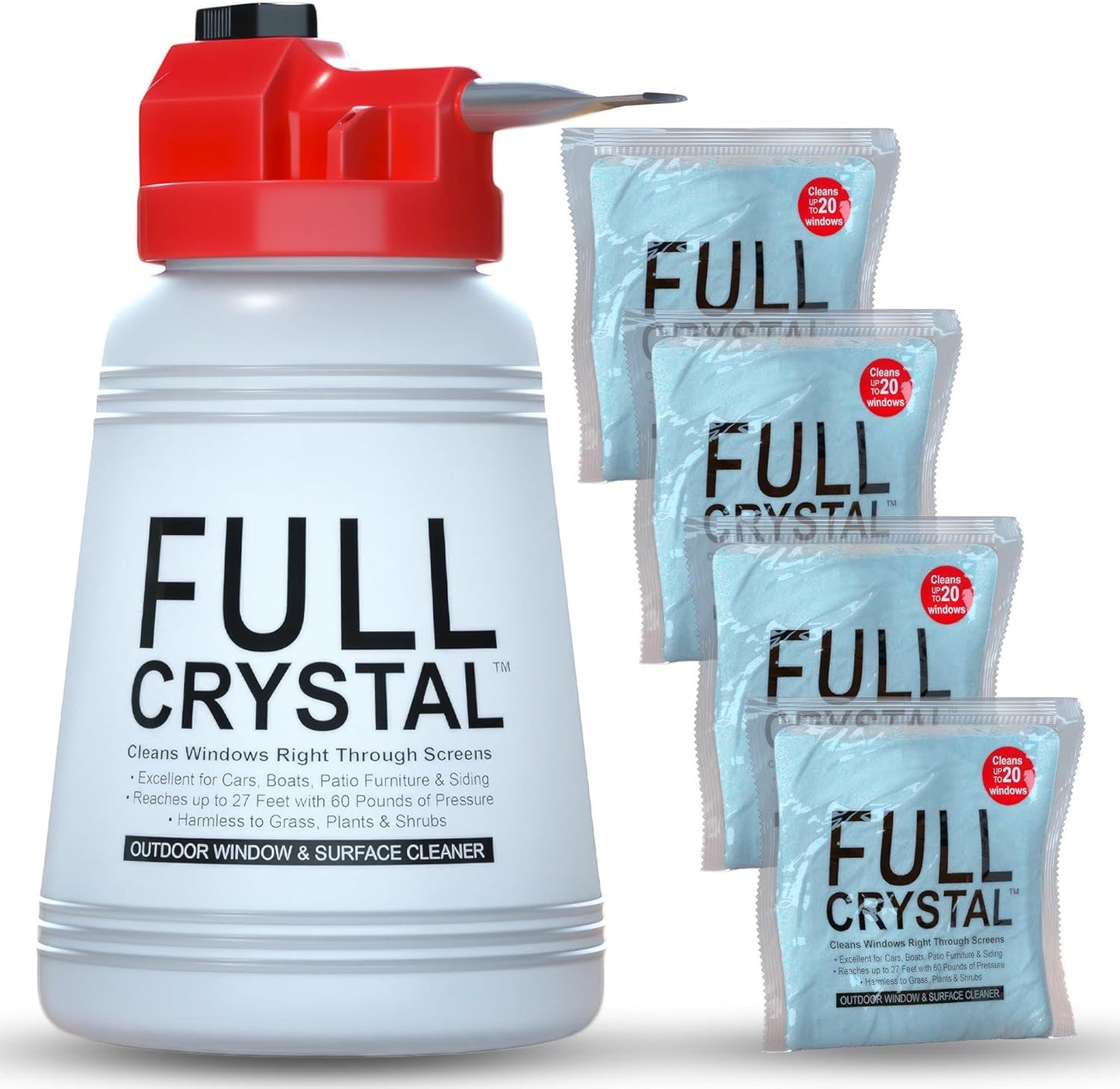 Full Crystal Window Cleaning Kit- 16 oz Glass Cleaner and Bottle with 27ft Reach will clean up to 80 Windows- Scrub Free, Rinse Free Glass Cleaner Spray Removes Dirt, Grime and Water Deposits