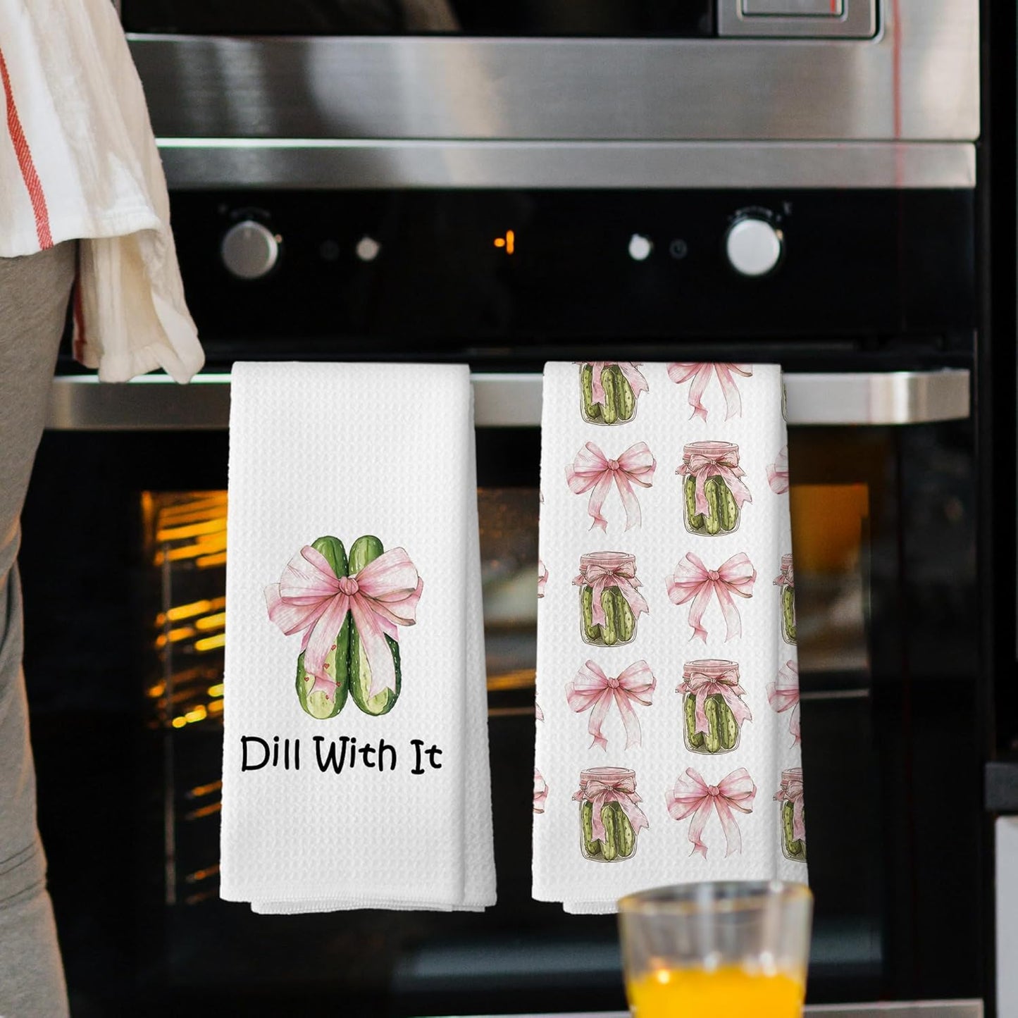Coquette Pink Bows Pickle Jars Kitchen Towels Set of 2, Cucumber Pickle Lovers Hand Towel, Dill with It Funny Pickle Gifts, Pickle Party Kitchen Decorative Tea Towel Dish Towels 16x24 Inch