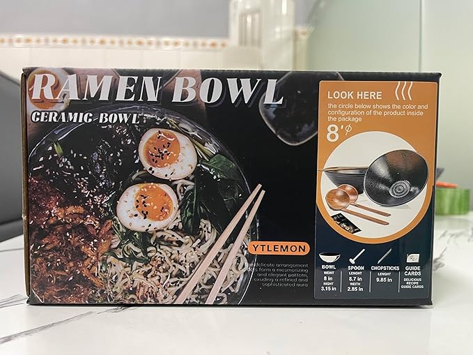 8-Inch Ceramic Ramen Bowl Set of 2 (9 Piece) - Porcelain Japanese Salad Noodles Cereal Fruit Pasta Soup Large Bowls with Recipes Chopsticks Forks Spoons for Men Women Gift Microwave & Dishwasher Safe