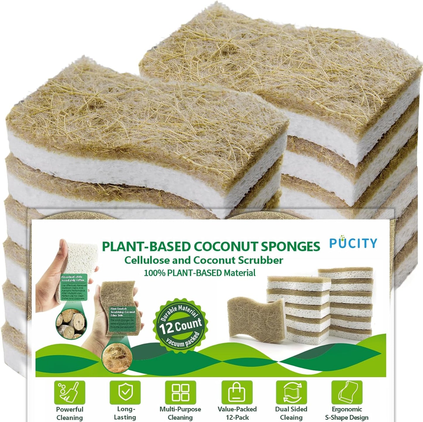 Sponges Kitchen Natural Dish Sponge Plant-Based Biodegradable Compostable Cellulose with Coconut Scrubber Sponge Non Scratch Eco Friendly Kitchen sponges for Kitchen Dishes（Pack of 12）