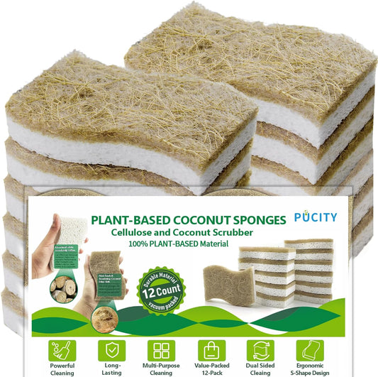 Sponges Kitchen Natural Dish Sponge Plant-Based Biodegradable Compostable Cellulose with Coconut Scrubber Sponge Non Scratch Eco Friendly Kitchen sponges for Kitchen Dishes（Pack of 12）