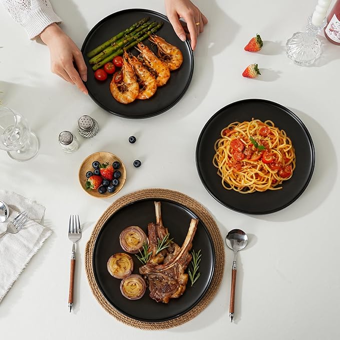 6 Piece Ceramic Dinnerware Set for 2, Modern Minimalist Stoneware Dinner Plates and Bowls, Microwave Safe, Dishwasher Safe, Versatile for All Seasons, Matte Black