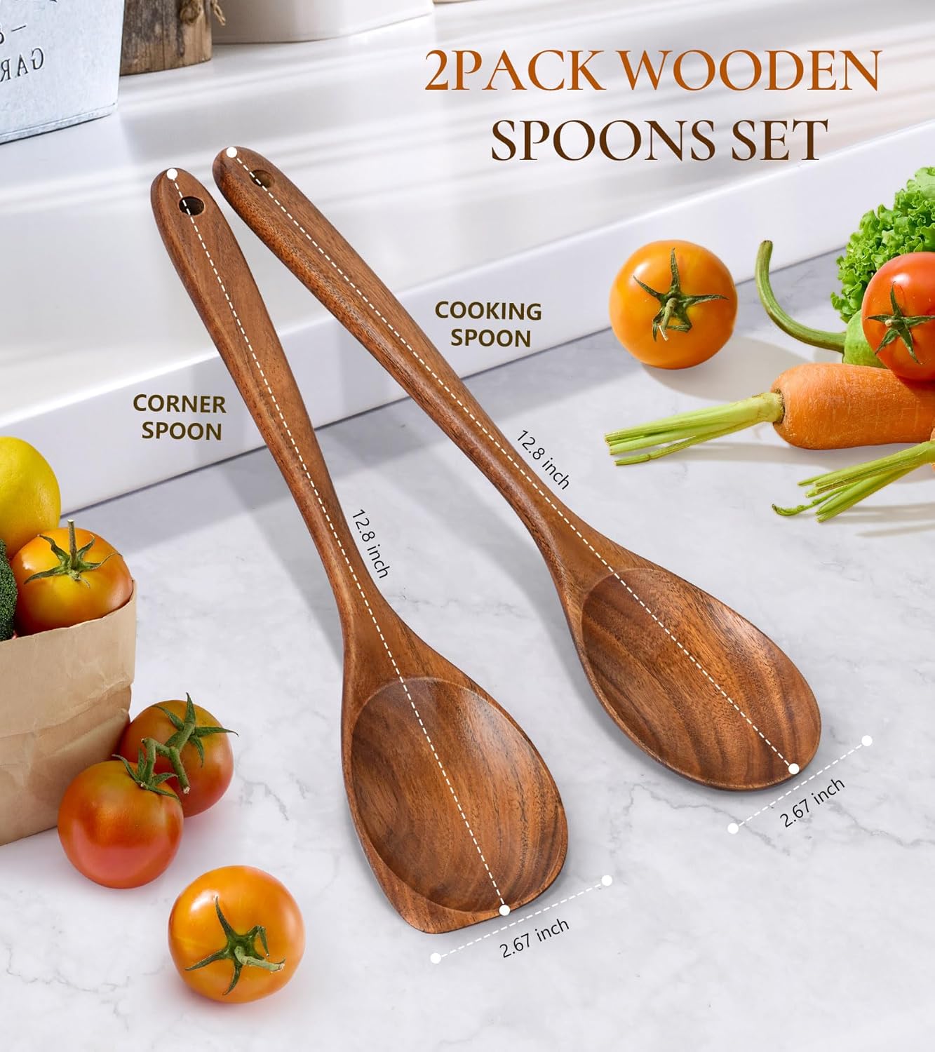 2Pcs Wooden Spoons for Cooking, Natural Premium Teak Wood Spoon & Corner Spoon, Good Grip Large Cooking Spoons Spatula, Heat Resistant Wooden Kitchen Cooking Utensils Set for Nonstick Cookware