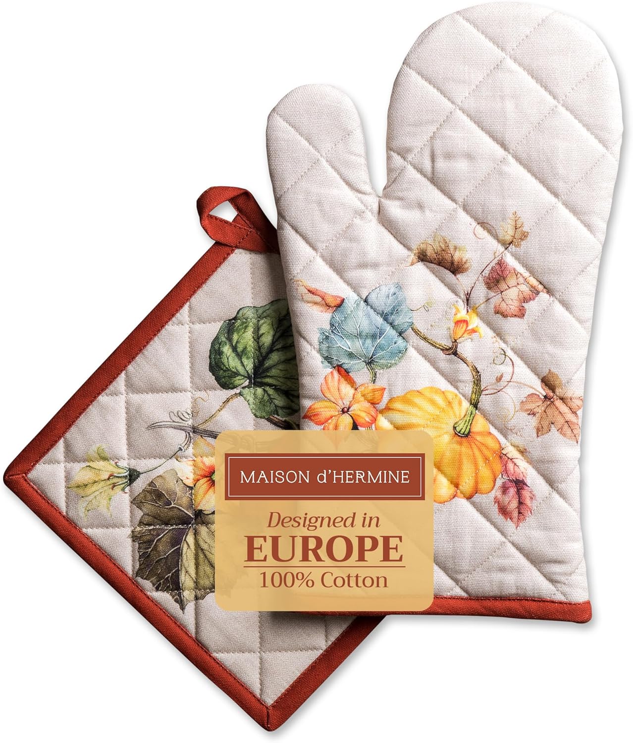 Maison d' Hermine 100% Cotton Oven Mitt & Pot Holder Set (7.5"x13" & 8"x8") Heat Resistant BBQ Cooking Gloves with Loop for Thanksgiving Christmas Decorations Handling Hot Pans (Potiron)