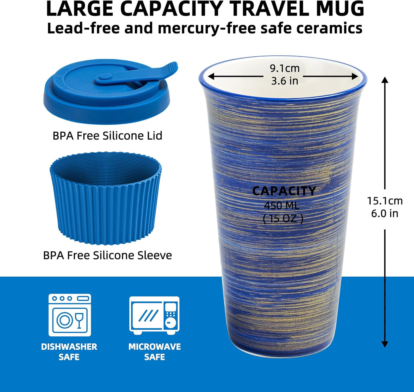 Travel Coffee Mug Blue, Ceramic Coffee Mug With Lid And Drinking Straw(15oz/450ml), Handcrafted Novelty Travel Mugs, Microwave & Dishwasher Safe Tumbler With Lid, Unique Gifts