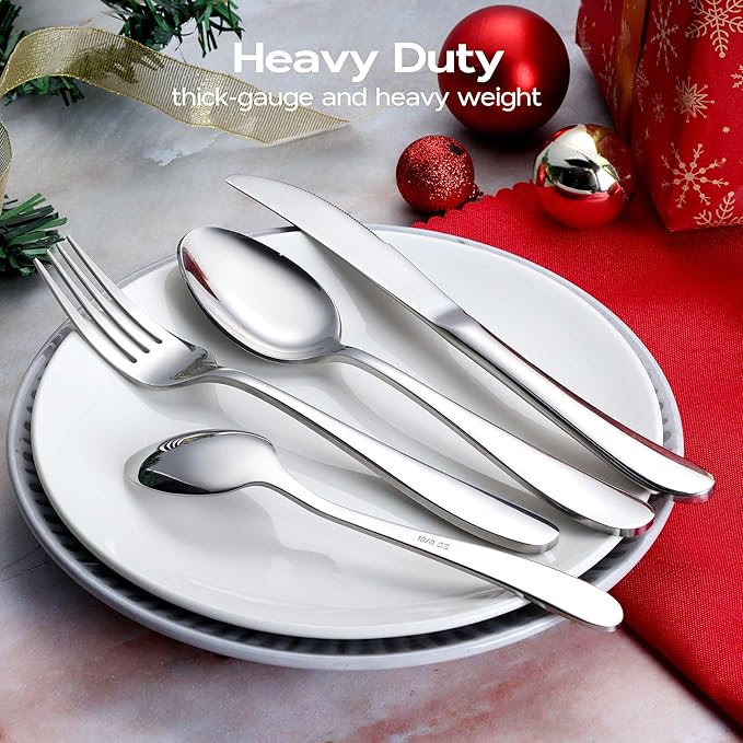 Onader 65 Piece Heavy Duty Silverware Set with Serving Pieces, Stainless Steel Cutlery Flatware Set for 12