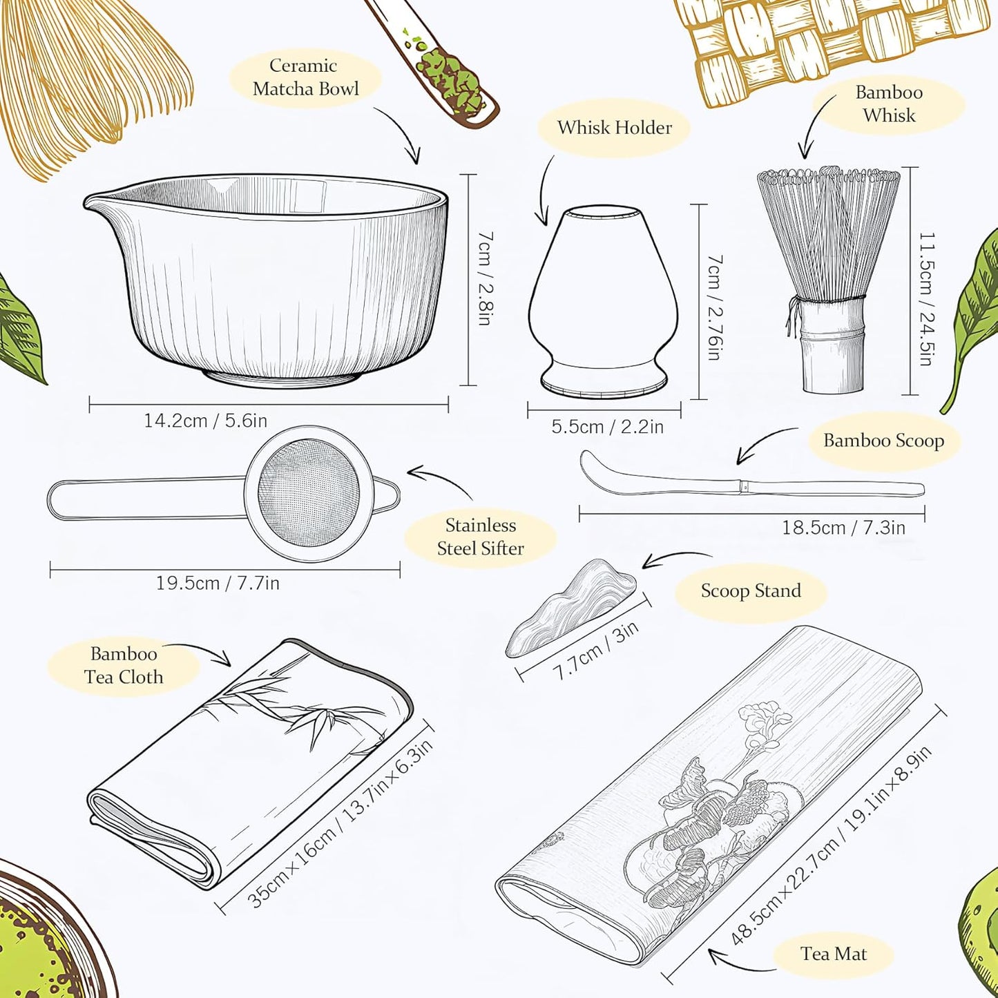 Traditional Matcha Tea Set, 8-Piece Ceremonial Kit with Ceramic Bowl, Bamboo Whisk, Holder, Scoop, Rest and Sifter-Green