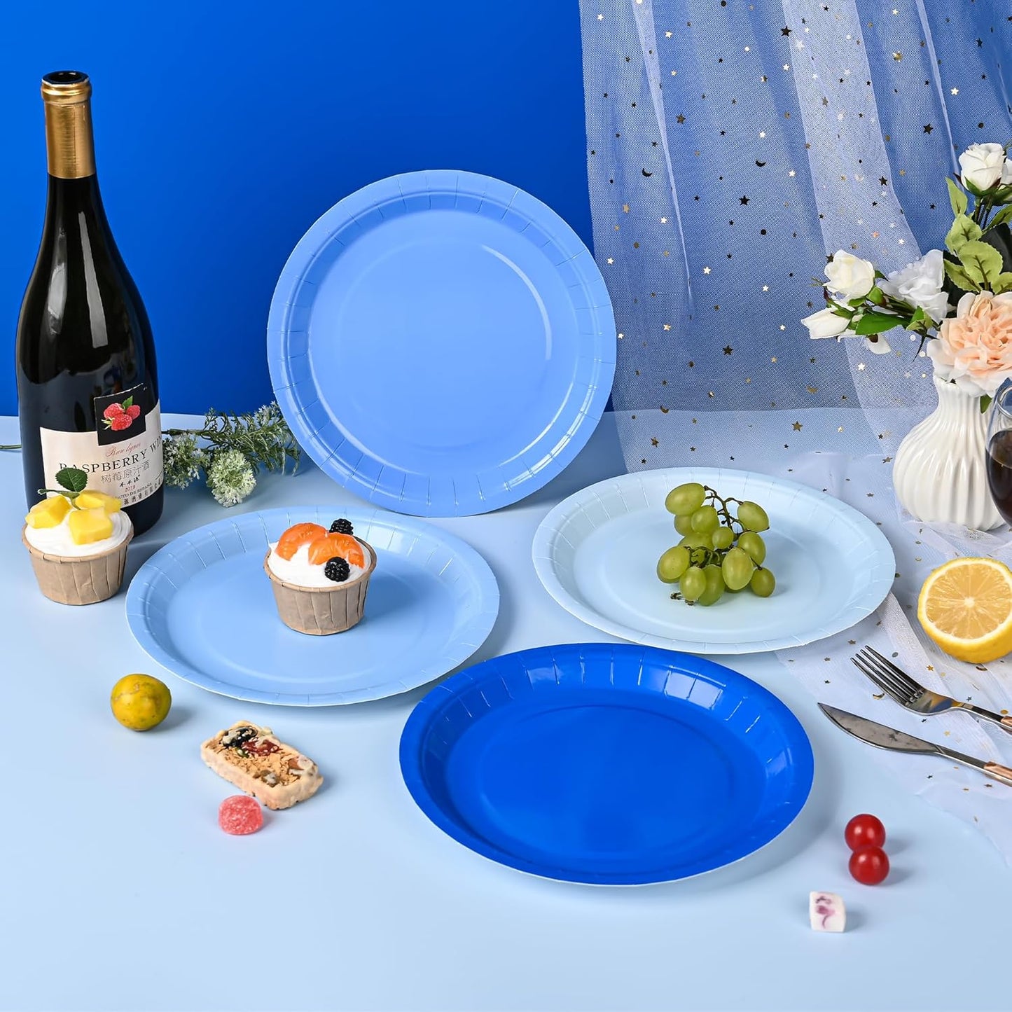 24Pcs Blue Party Plates Gradient Blue Paper Plates 9 Inch Disposable Round Dinner Dessert Plate for Summer Beach Ocean Birthday Wedding Baby Shower Hanukkah Party Supplies