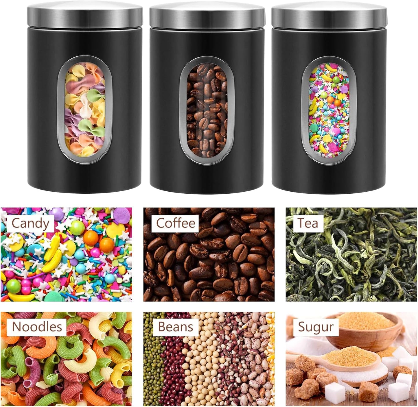 Canisters Sets for the Kitchen, 3pcs Sugar Flour Tea Coffee Storage Jars Stainless Steel Food Container Organizer for Kitchen Counter with Transparent Window (black)