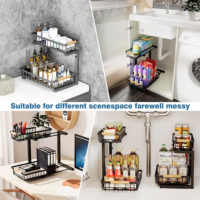 Under Sink Organizers, 2 Tier Pull Out Under Cabinet Organizer，Height Adjustable Pull Out Cabinet Drawers, Metal Sliding Drawer for Kitchen Bathroom Pantry Cabinet Closet Organization Rack，1 Pack