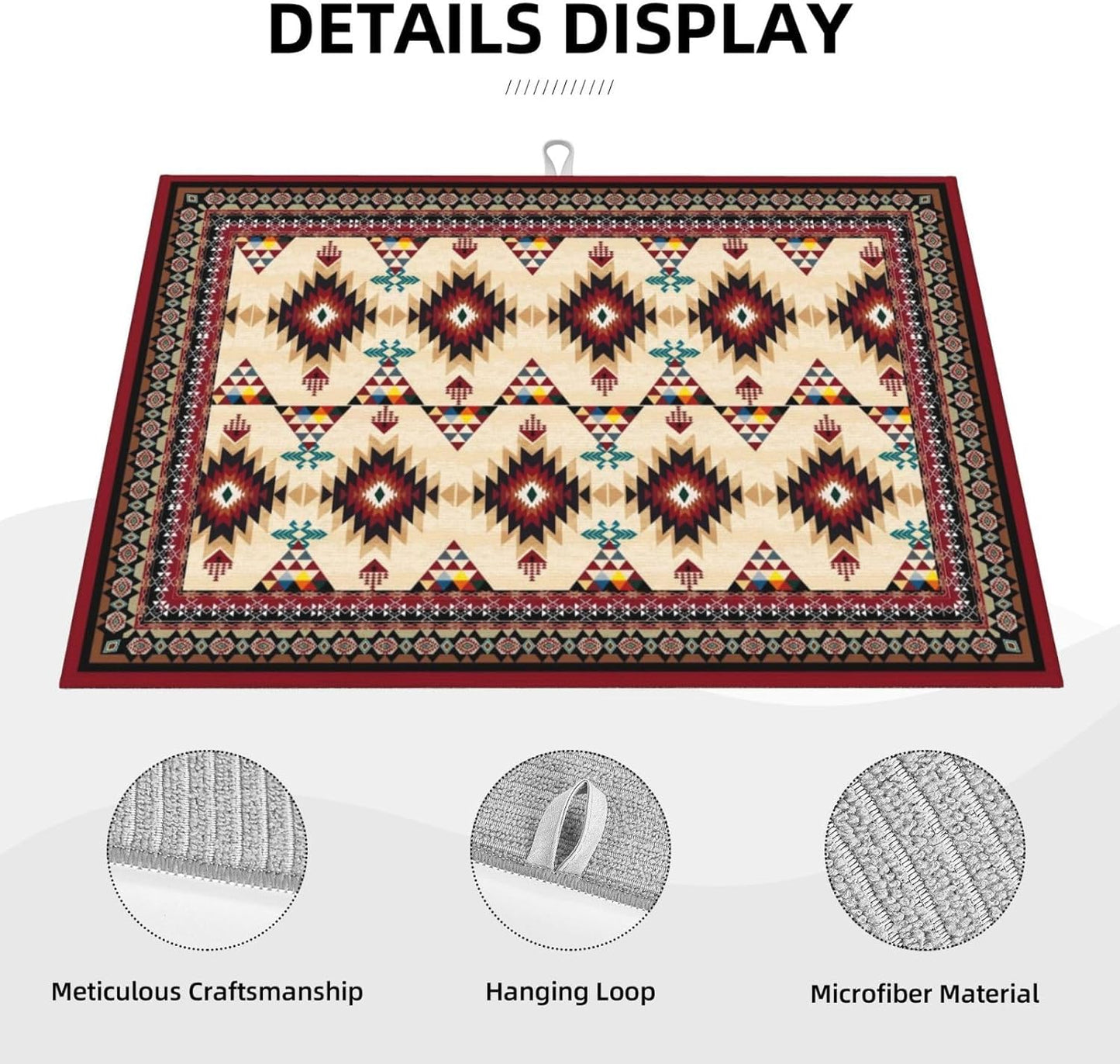 Southwestern Tribal Aztec Geometric Dish Drying Mats for Kitchen Counter & Sink, Absorbent Microfiber Drying Pad for Dishes, Ethnic Rustic Brown Kitchen Mat for Dining Area & Home Decor, 16" x 18"