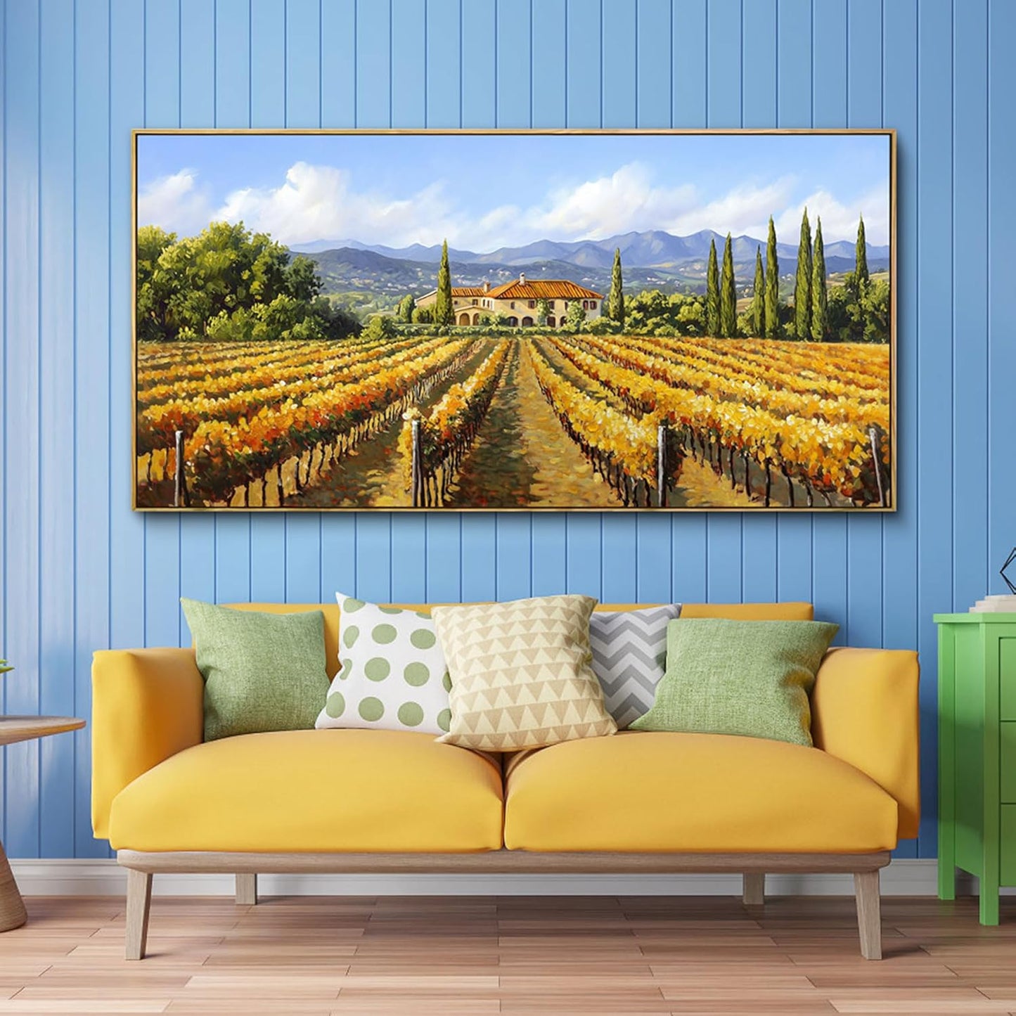 XLSJERST Fall Picture - Orange Wall Art Vineyard Large Landscape Autumn Framed Wall Decor Living Room Vintage Artwork Nature Forest Canvas Wall Art for Bedroom Office Fall Wall Decor - 58x29 Inches