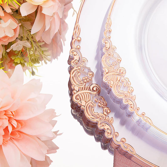 Hioasis 175pcs Clear Rose Gold Plastic Plates - Elegant Disposable Dinnerware Set Suitable for 25 Guests Include 10.25" Dinner & 7.5" Dessert Plates, Cutlery, Napkins, Cups for Party