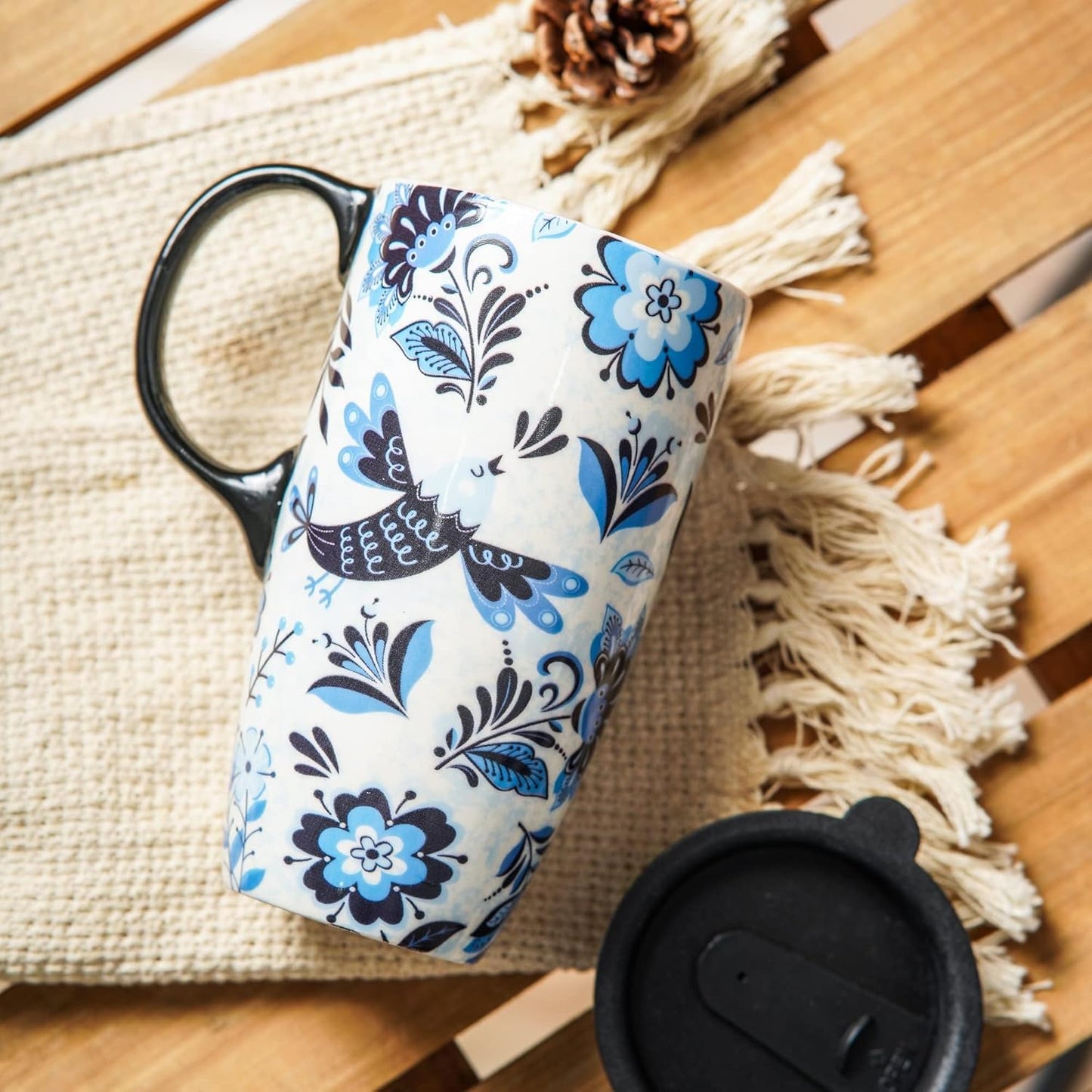 Topadorn Ceramic Coffee Mug Travel Cup with Lid and Color Box,17oz Microwave & Dishwasher Safe Coffee Tumbler, Blue Bird