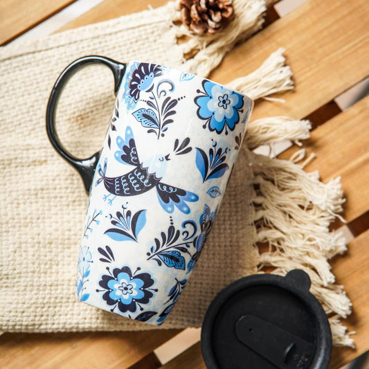 Topadorn Ceramic Coffee Mug Travel Cup with Lid and Color Box,17oz Microwave & Dishwasher Safe Coffee Tumbler, Blue Bird