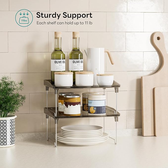 2 Pcs Cabinet Organizer Shelf，Stackable Kitchen Counter Shelves, Spice Rack,Countertop Organizers，Black Plastic Storage Shelves Rack for Makeup，Bathroom, Cupboard，Desk，Pantry Organization