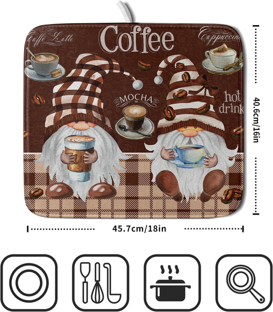 Coffee Gnomes Dish Drying Mat - Brown Plaid Absorbent Quick Dry Dishes Cups Rack Mats Anti Slip Microfiber Pad Under Coffee Maker Espresso Machine Kitchen Counter Bar Accessories 16 x 18 Inch